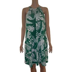 Tahari Green White Tropical Leaf Print Hawaiian Dress with Pockets